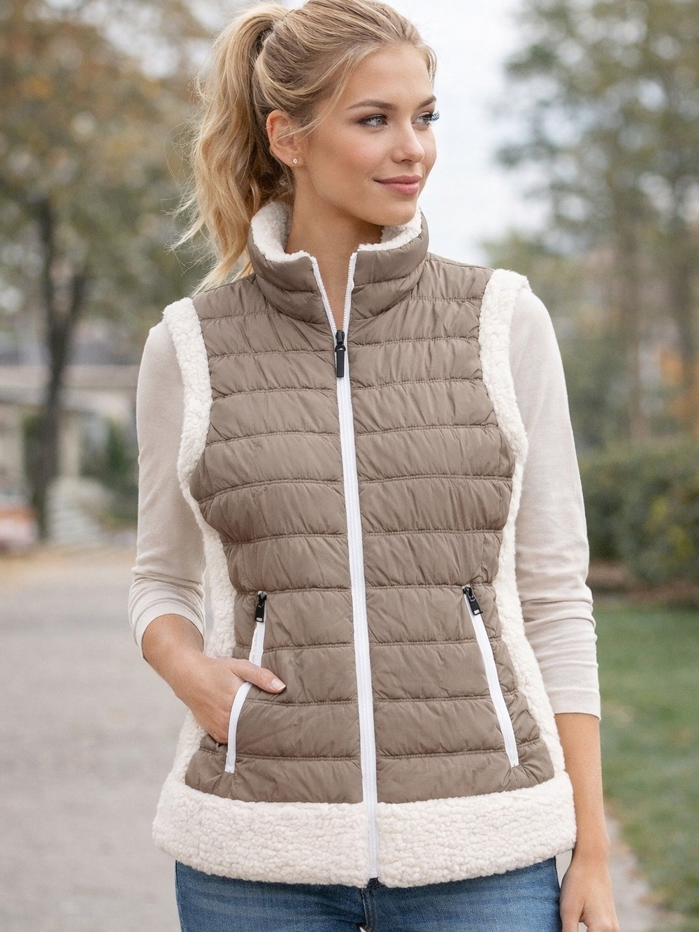 Quilted Sherpa-Trim Vest - Taupe CALVIN KLEIN